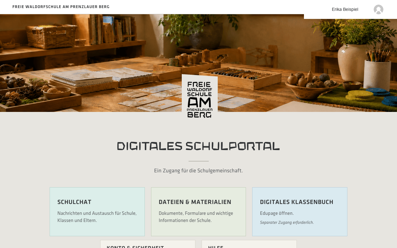 School portal landing page mein.schulemachen.com showing different cards