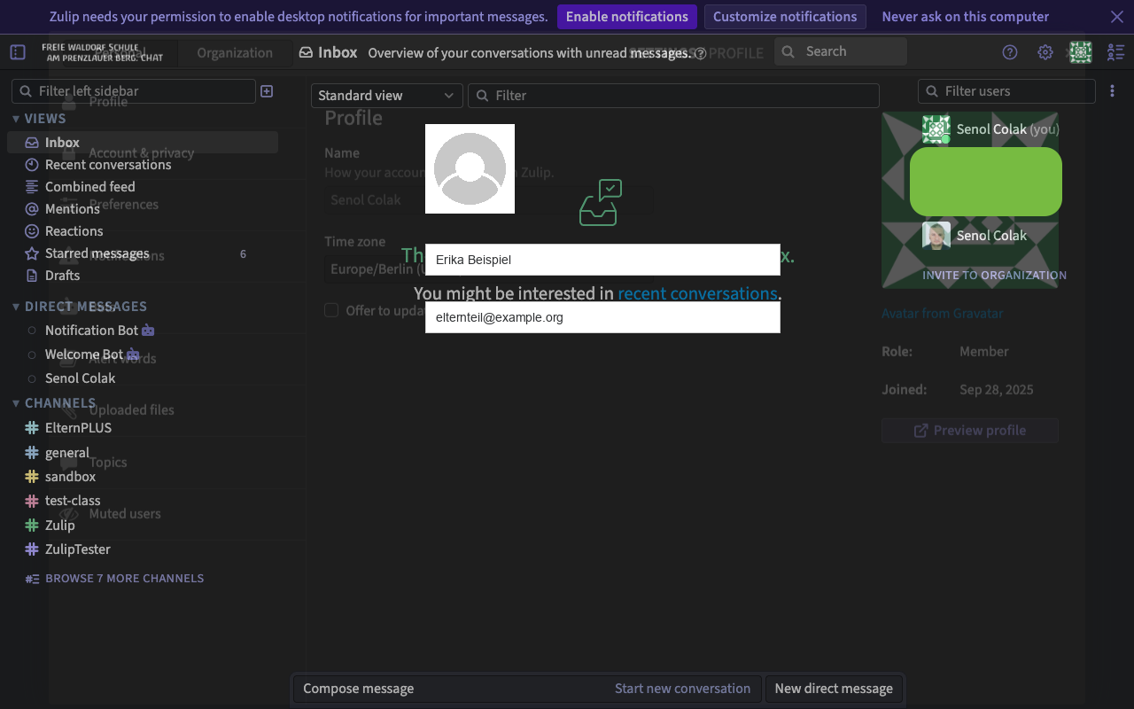 Zulip Personal settings workspace