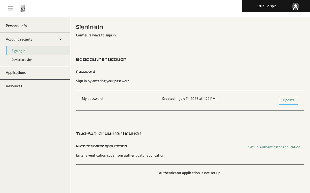 Signing in menu showing the Password Update button
