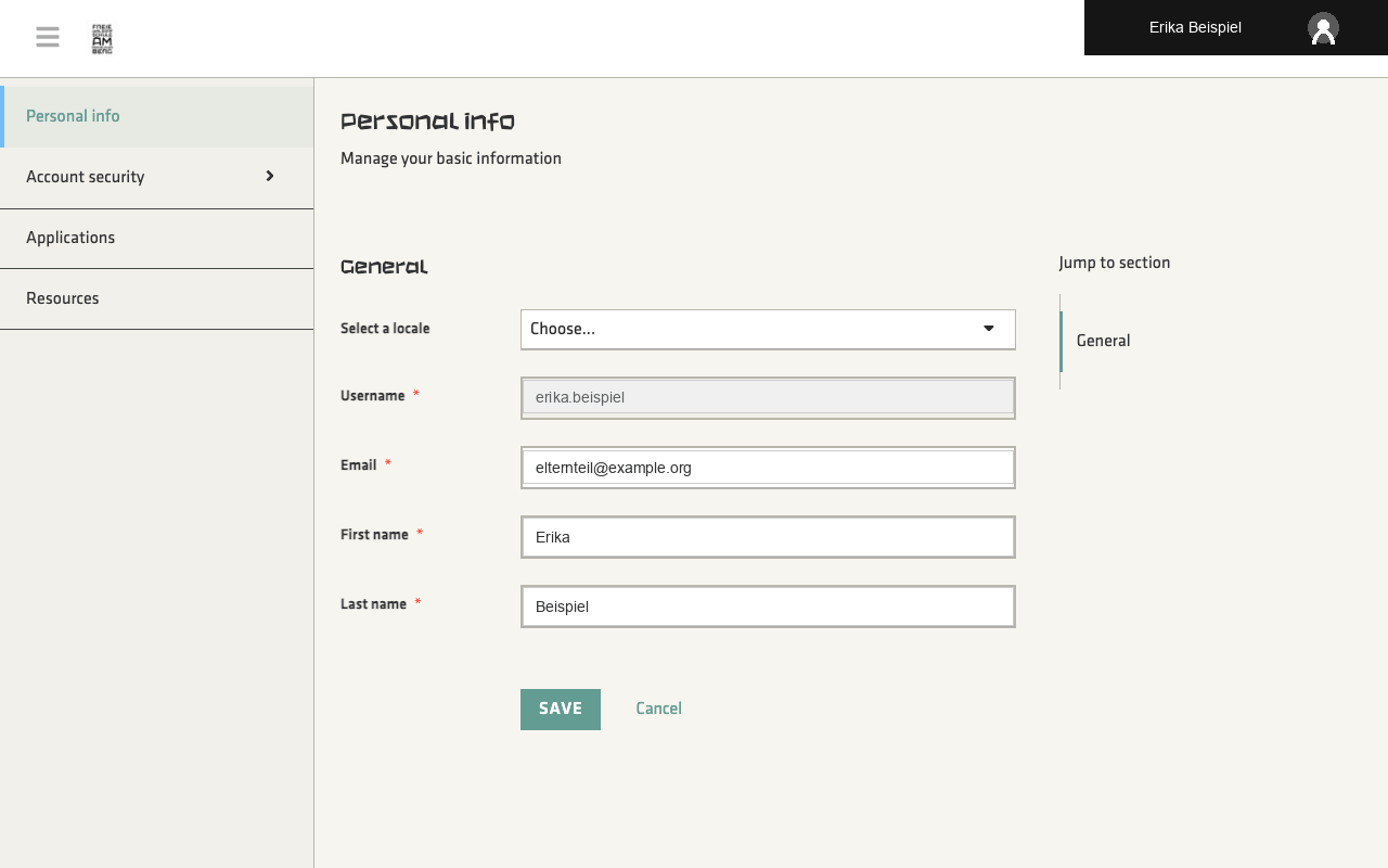 Personal data and profile overview in the Keycloak account console