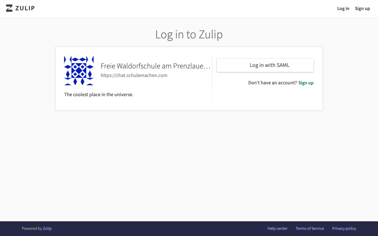 Zulip login screen showing the green Log in with SAML button