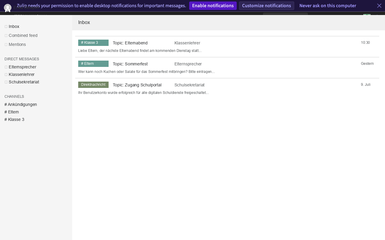 Zulip main workspace showing the Inbox feed